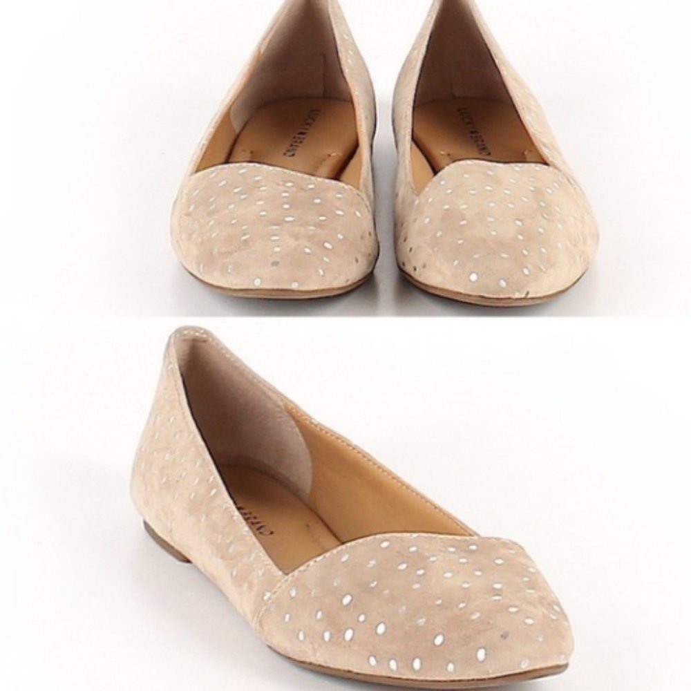 Lucky Brand suede flats cream/tan + silver dots 9